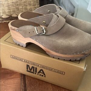 MIA Beige Suede Clogs with Buckle